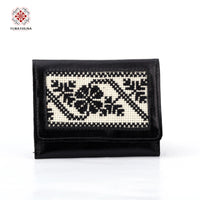 Black Leather Embroidered Compact Wallet