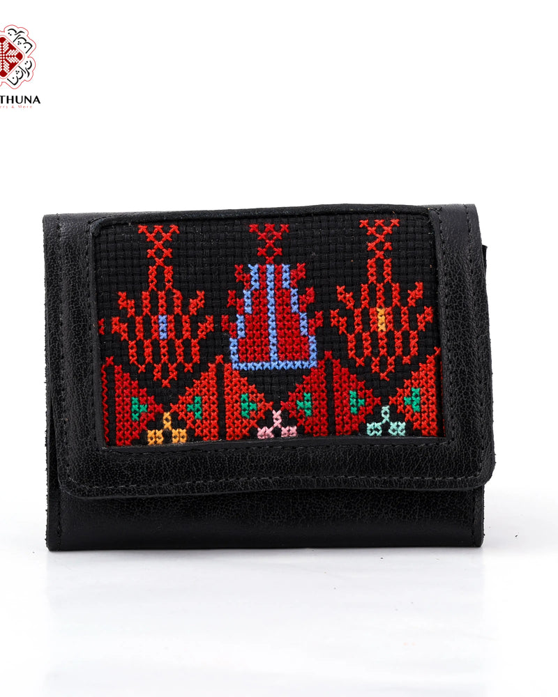 Black Leather Compact Wallet with Red Cypress-Tree Tatreez