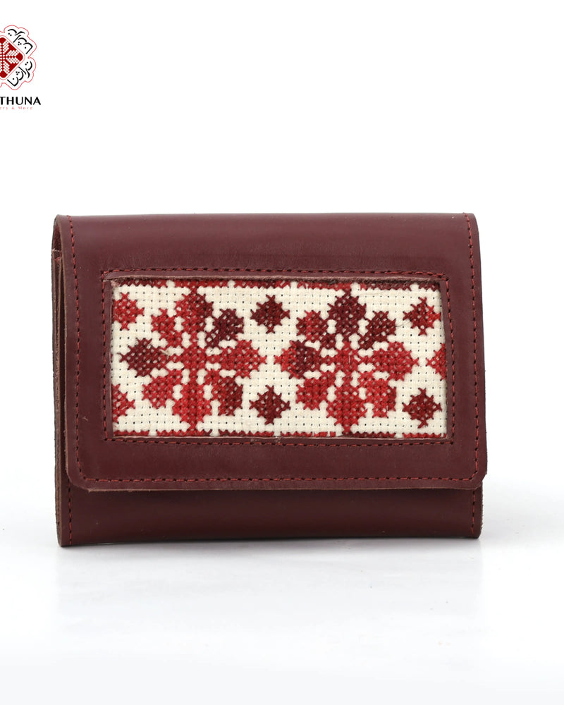 Red Leather Compact Wallet with Red Cross-Stitch Star Tatreez