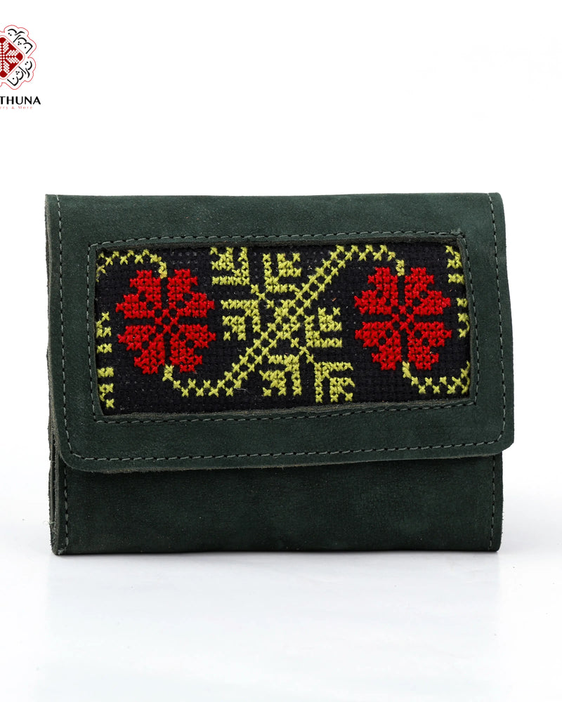 Olive Green Leather Compact Wallet with Red & Chartreuse Rosette Tatreez