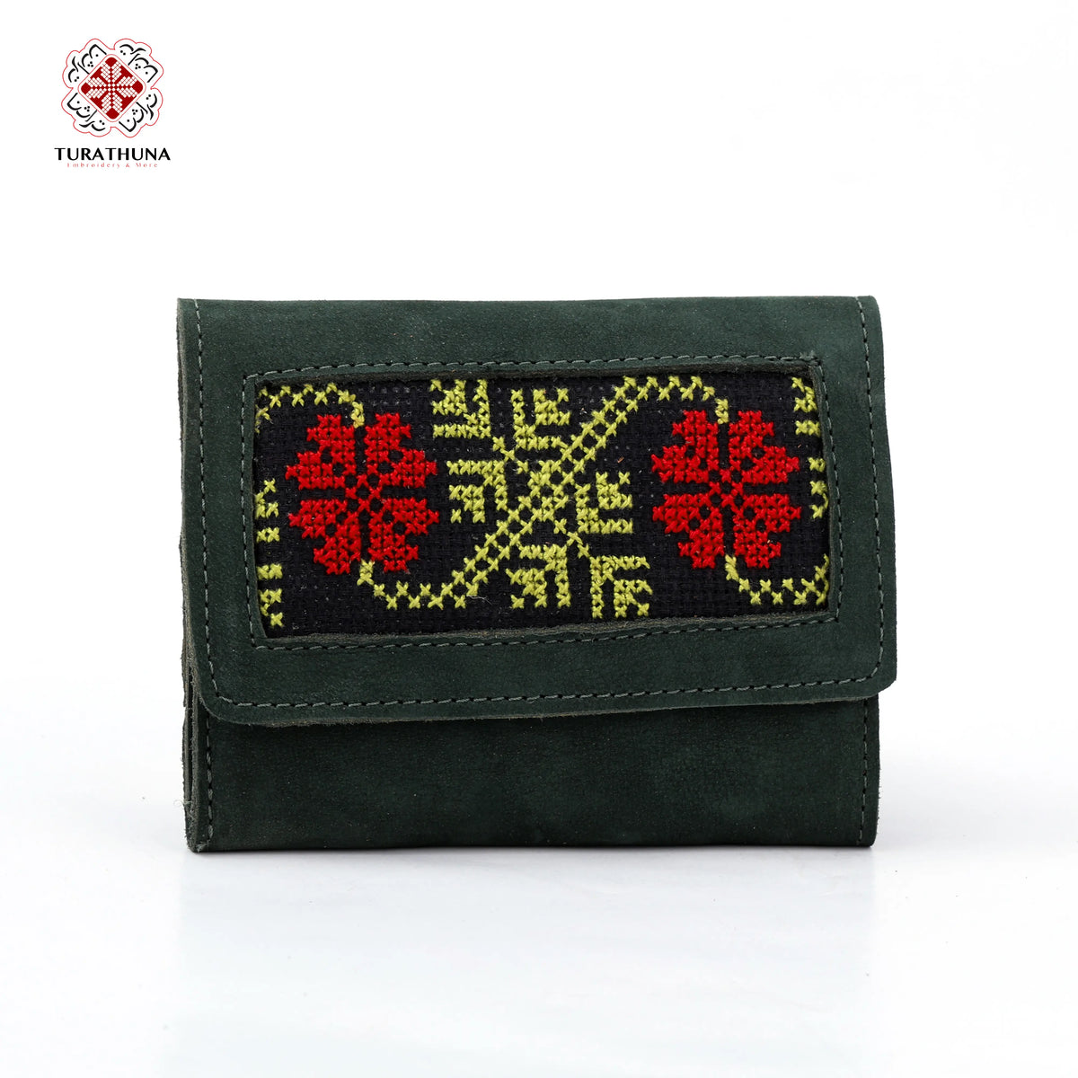 Olive Green Leather Embroidered Compact Wallet
