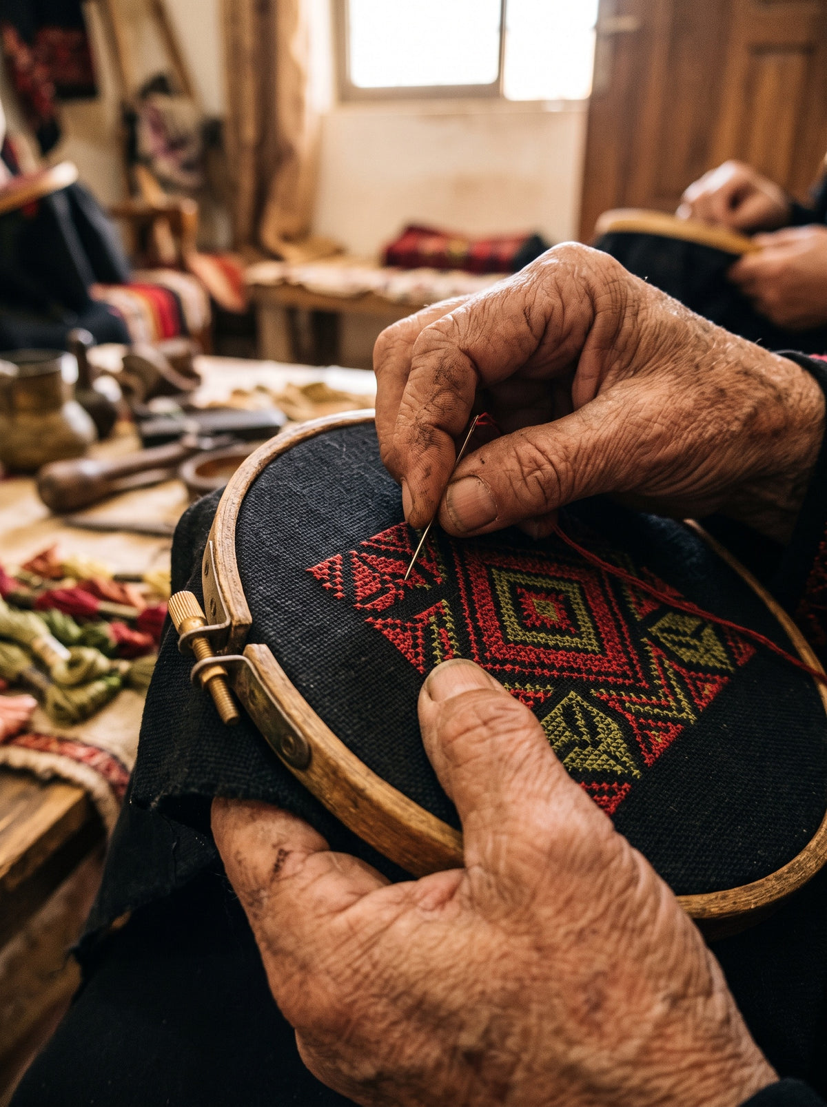 Palestinian tatreez embroidery in progress